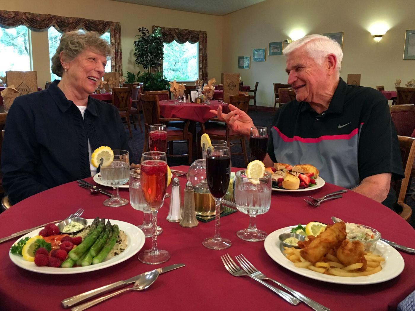 Happy Old Couple Having Special Lunch at Horton Plaza